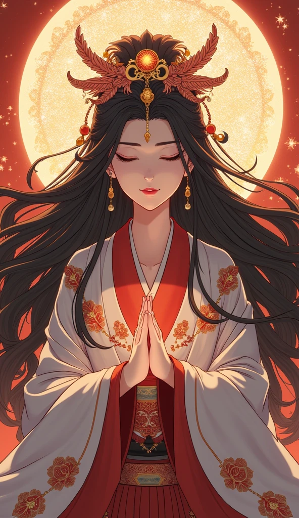  beautiful goddess Amaterasu, whole body, Japan's highest goddess ,  A gentle face,  beautiful dark hair, Takamagahara prayer,  high image quality, masterpiece,  animation art, 