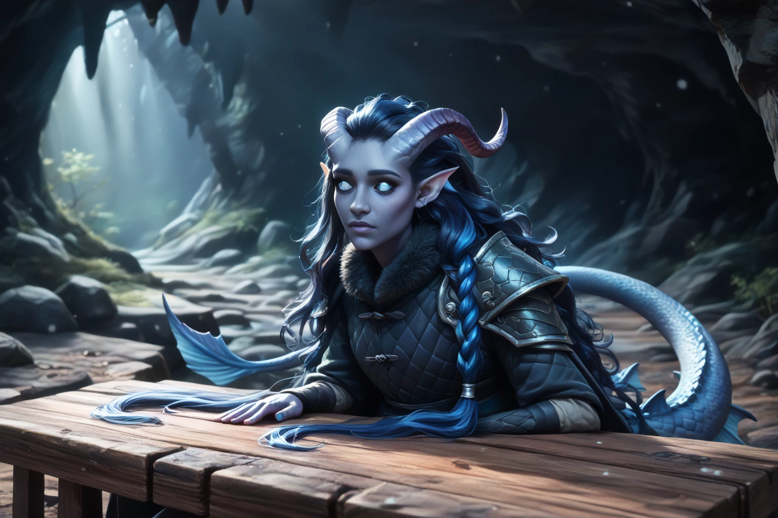 (A snow-covered cedar ,  the winter cedar forest against the background of ), (1Тiefling ,  dark blue-gray skin :1.5), ( very thick long tiefling dragon tail :1.5), ( long black flowing hair with dark blue tips:1.4), ( the bright blue-black pigmentation on the face :1.5), (blue-black freckles :1.2) , ( 2little fins on their heads :1.4), (bright blue-black pupils,  Black eyes :1.7), ( blue-black pigmentation on the skin :1.5), ( dark grey straight short horns ), ( blue and black pigmentation on the tail :1.5),  girl  , (kind face), (на лице эмоции от coldа), (coldно:1.2), [curiosity ], (35 years old:1.5), (adult:1.2), (Deep look:1.3), (запорошена в  snow у:1.1) , (покрыта  snow ом), (ежится от coldа:1.1) , ( frost on eyelashes :1.1), ( fur collar armor), (белый  snow  на голове:1.2), ( fur armor ), ( snow  на рогах и на голове:1.2), (chainmail), (you can see pigmentation on his shoulder ), (tail protection), (трясётся от coldа:1.1), [ snowy winter ], (visible in full), (there is a stone table in front of the entrance to a dark gloomy cave :1.6), (in the cave, a large rectangular stone table :1.6), ( On a large rectangular stone table lie stone and wooden figures of various animals:1.7), (standing in front of the table with his hands behind his back :1.4), (large crushed uneven stone table ), (очень coldно), (dark:1.2), (blizzard,  snow , cold) , ( is standing with your back:1.2), ( looks expectantly over his shoulder :1.6), ( top quality ), ( masterpiece fails), ( highest detail),  fantasy background, blue tones, Dark tones, dark shades,  muted colors, [Night], (a dark scary cave in the background:1.3).