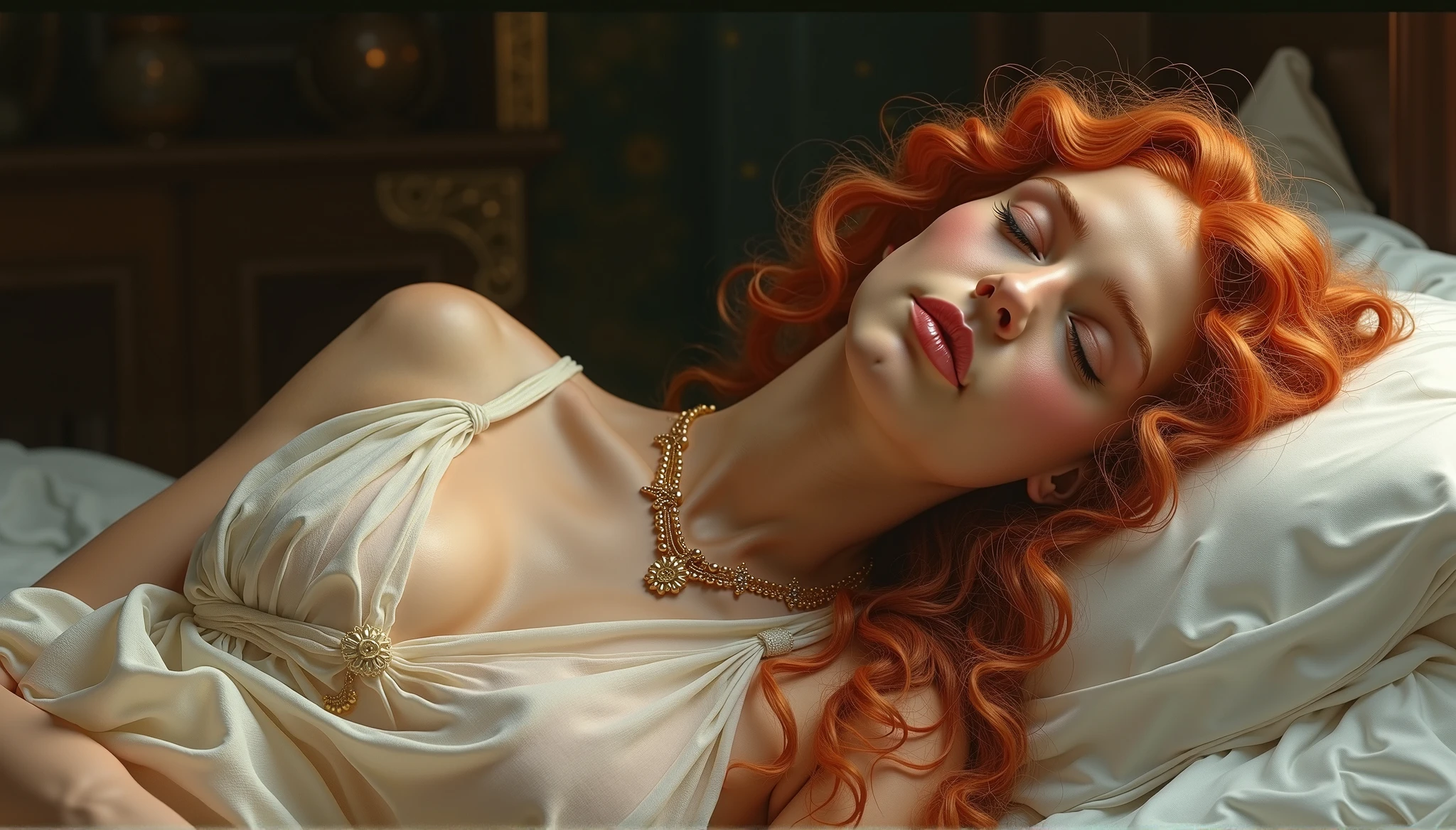 (full body shot:1) photorealistic image of a (laying pose:1) woman, ultrarealistic, photography, long red hair, woman, 24 years old, hourglass figure, perfect body, Flirty look, natural medium breasts, blur background, she is laying in a bed, red silk sheets, she is naked, long eyelashes, sexy pose, erotic pose, seductive pose, she has her eyes closed and her lips slightly parted, she is moaning