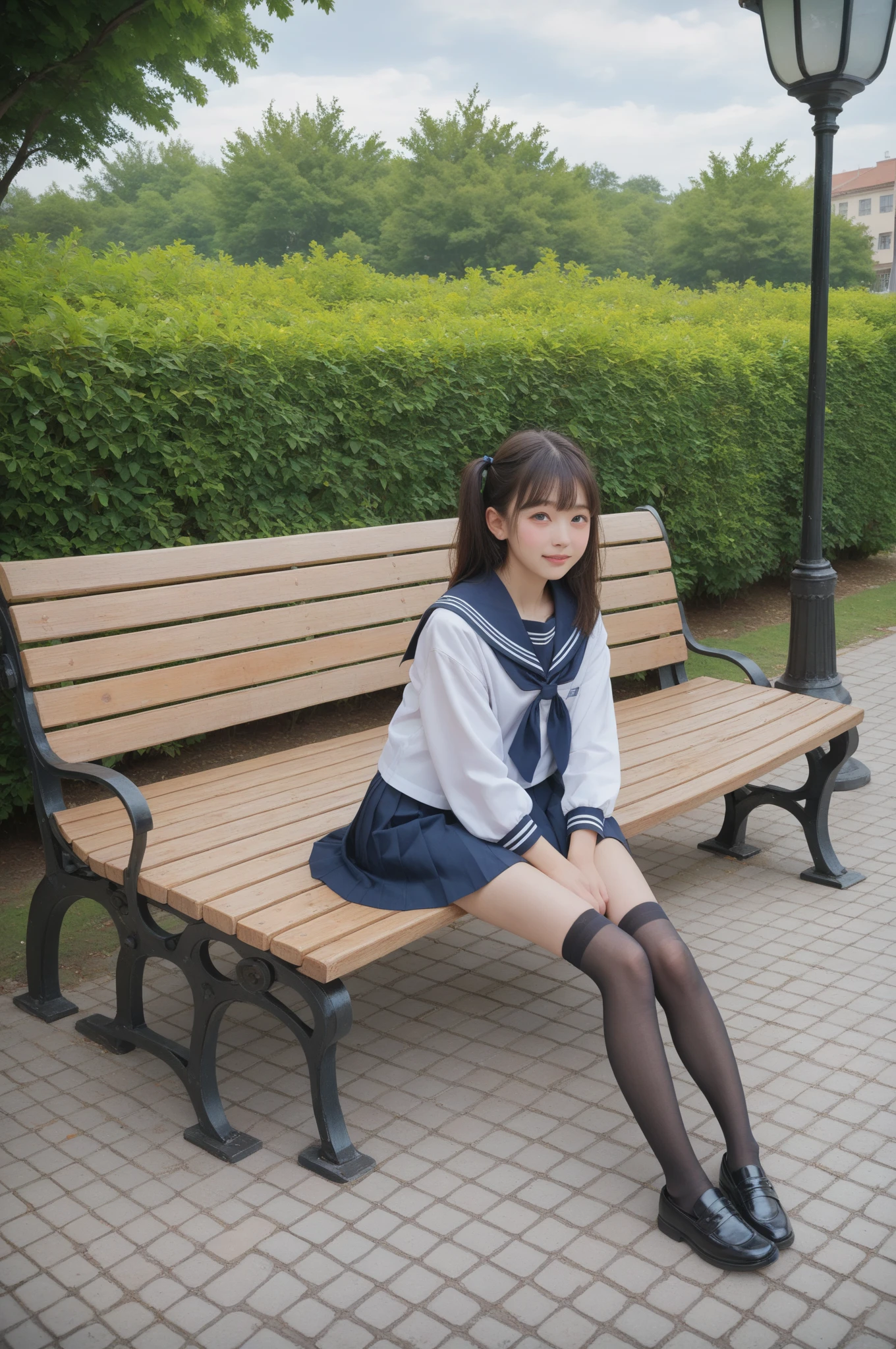   sailor suit ,***************************, cute girl,masterpiece,4K,8k,16k,  black stockings,  sit on a park bench , is short