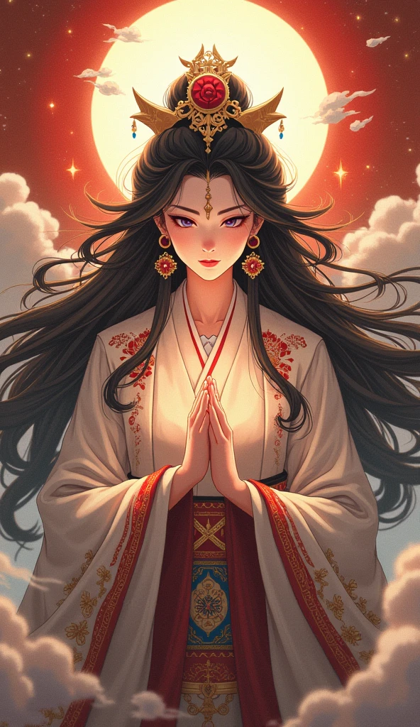  beautiful goddess Amaterasu, whole body, Japan's highest goddess ,  A gentle face,  beautiful dark hair, Takamagahara prayer,  high image quality, masterpiece,  animation art, 