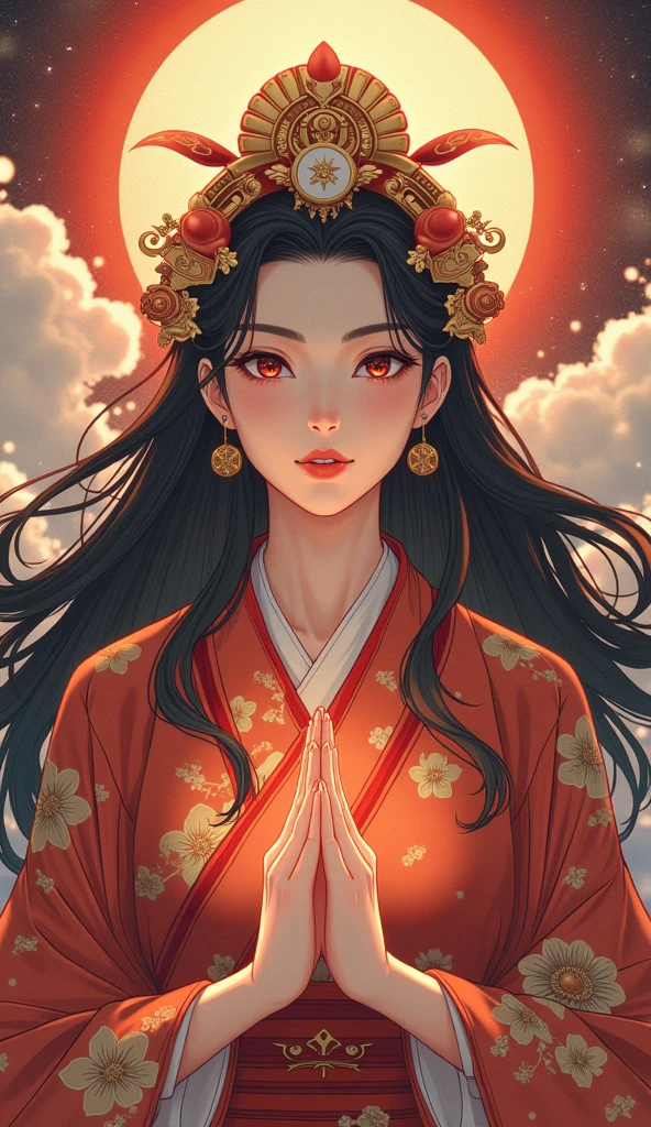  beautiful goddess Amaterasu, whole body, Japan's highest goddess ,  A gentle face,  beautiful dark hair, Takamagahara prayer,  high image quality, masterpiece,  animation art, 