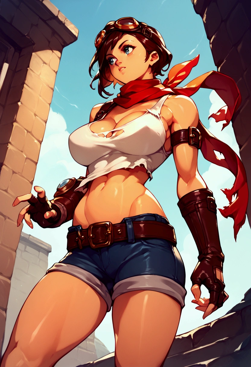 score_9, score_8_up, score_7_up, BRAKE dynamic angle, 1girl, solo, scarf, goggles, tanktop, torn tanktop, curvy, large breasts, chest belt, fingerless gloves, hyper gauntlet, stomach, lowleg, groin, shorts, belt