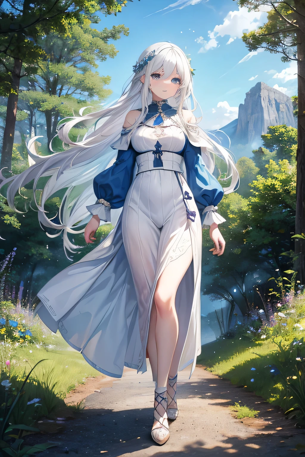 Animer girl perfect most beautiful long white hair blue eyes, white eyelashes, farm girl apothecaru, medieval fantasy world, living in the forest, walking in the mountais to collect ervs, feeling the wind in the hair, white skin, most beautiful, poporcelains skin, pinkish lips, delicate, most beautiful, forest, blue sky, sun rising, full body