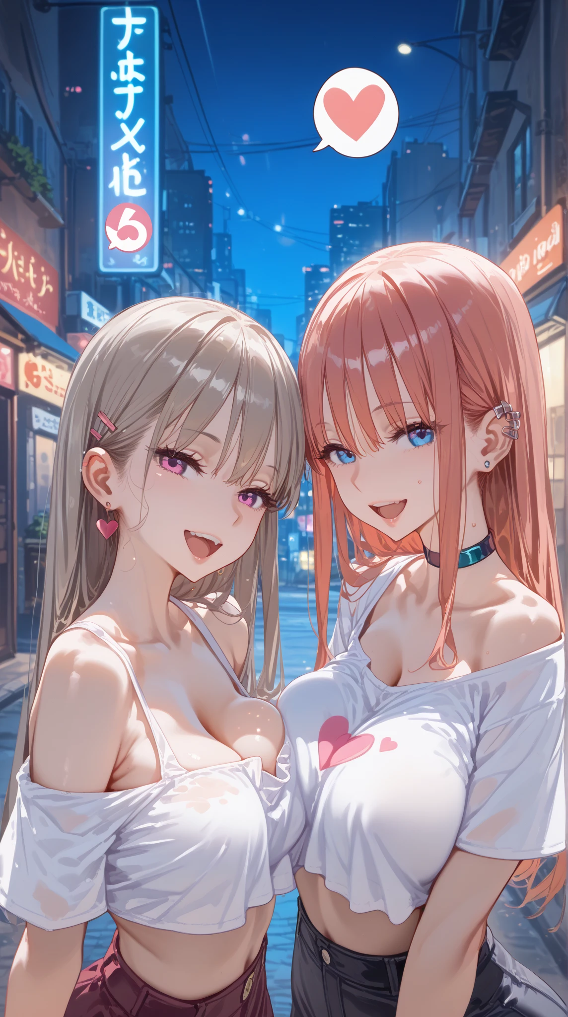 (  masterpiece  ,     High Definition    , 超    High Definition    ,   high detail,      High Definition   model ,  top quality:1.2),   the 2girls is in a narrow alley, girls are whores, cute, __breasts__, seductive smile, talking at viewer, open mouth,
Crop Top, short sleeve, off-shoulder, very short miniskirt, cleavage, arm rings,
Akihabara cityscape, nighttime, deep shadow, neon,
absurd-resolution, ultra-detailed, best quality, spoken heart, heart,