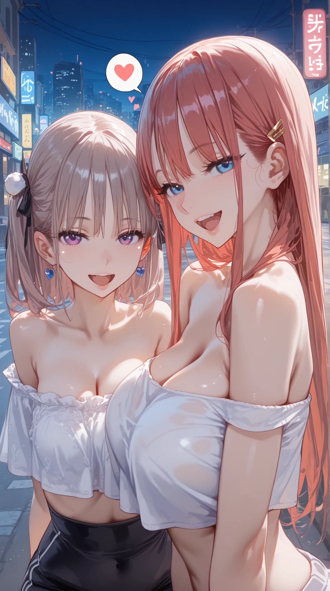 (  masterpiece  ,     High Definition    , 超    High Definition    ,   high detail,      High Definition   model ,  top quality:1.2),   the 2girls is in a narrow alley, girls are whores, cute, __breasts__, seductive smile, talking at viewer, open mouth,
Crop Top, short sleeve, off-shoulder, very short miniskirt, cleavage, arm rings,
Akihabara cityscape, nighttime, deep shadow, neon,
absurd-resolution, ultra-detailed, best quality, spoken heart, heart,