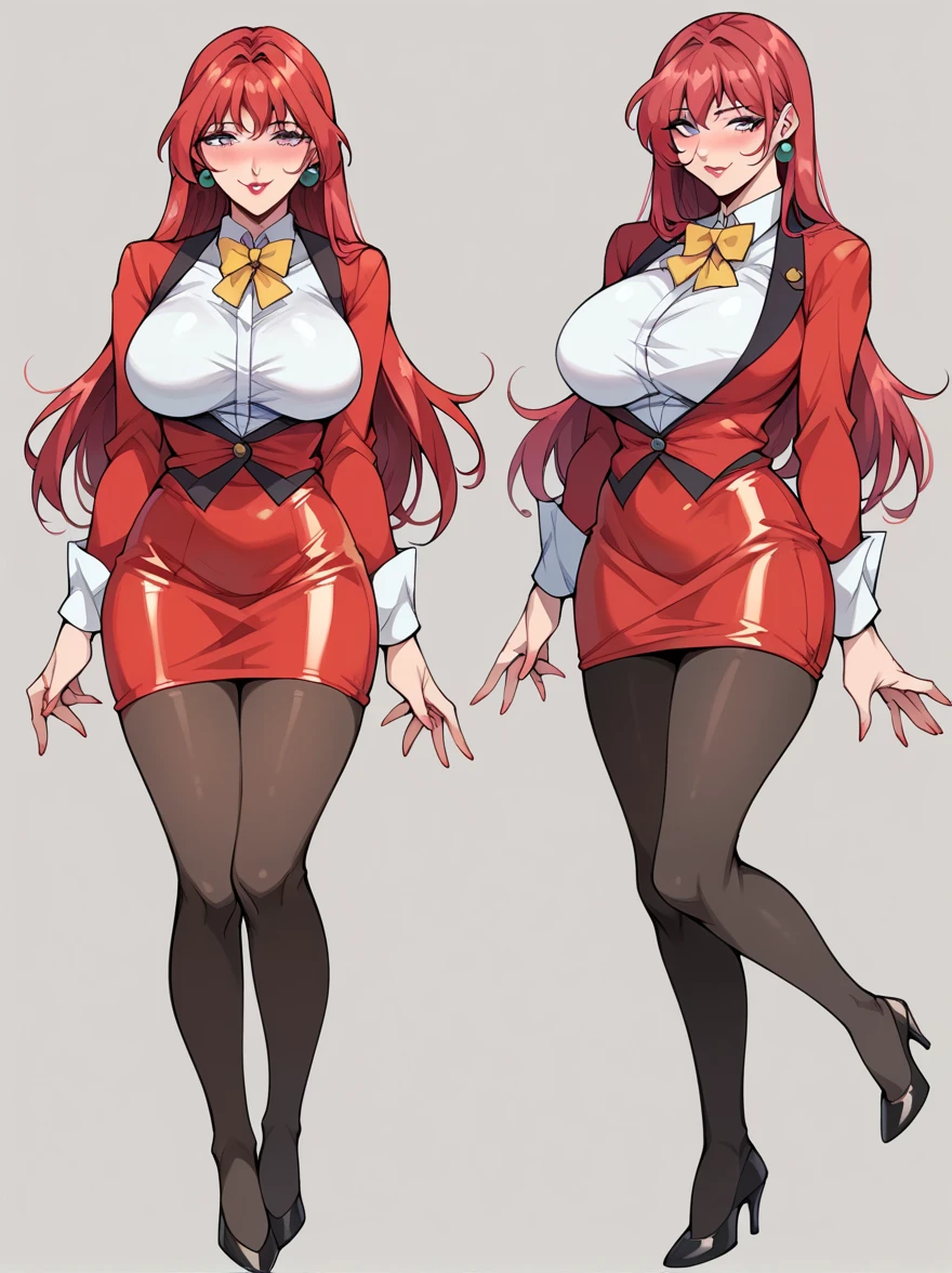 Score_9, Score_8_up, Score_7_up, Score_6_up, uncensored, takashiro hiroko, 1, beautiful woman, ))huge breasts)), purple eyes, long hair, red hair, lipstick, earrings, teacher, blouse, bow tie, jacket, red skirt , tight skirt, black thighs, suspender suspenders, yellow bow tie, curves, sensual posture, blush, seductive smile,
,full body