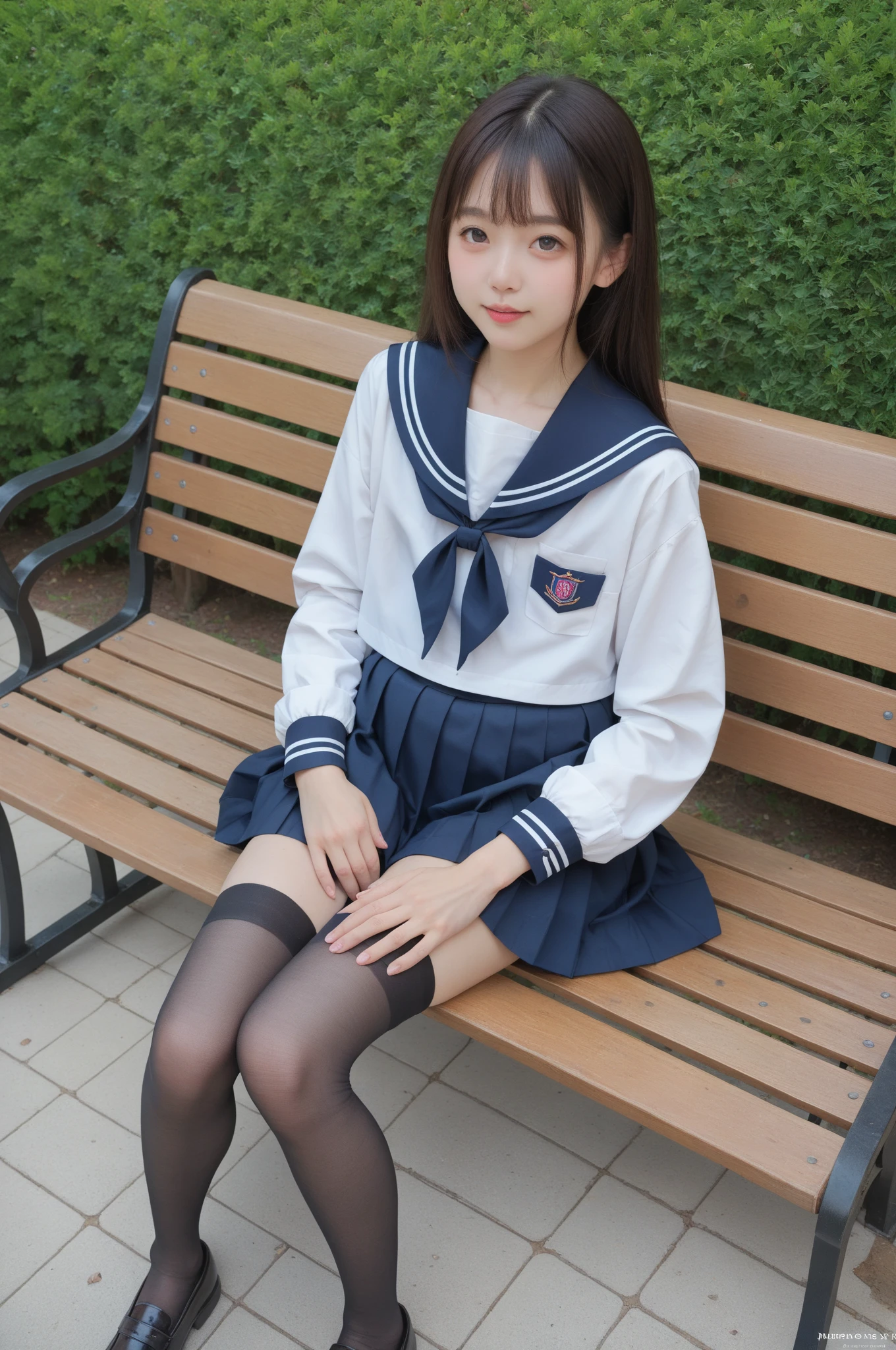   sailor suit ,***************************, cute girl,masterpiece,4K,8k,16k,  black stockings,  sit on a park bench , is short