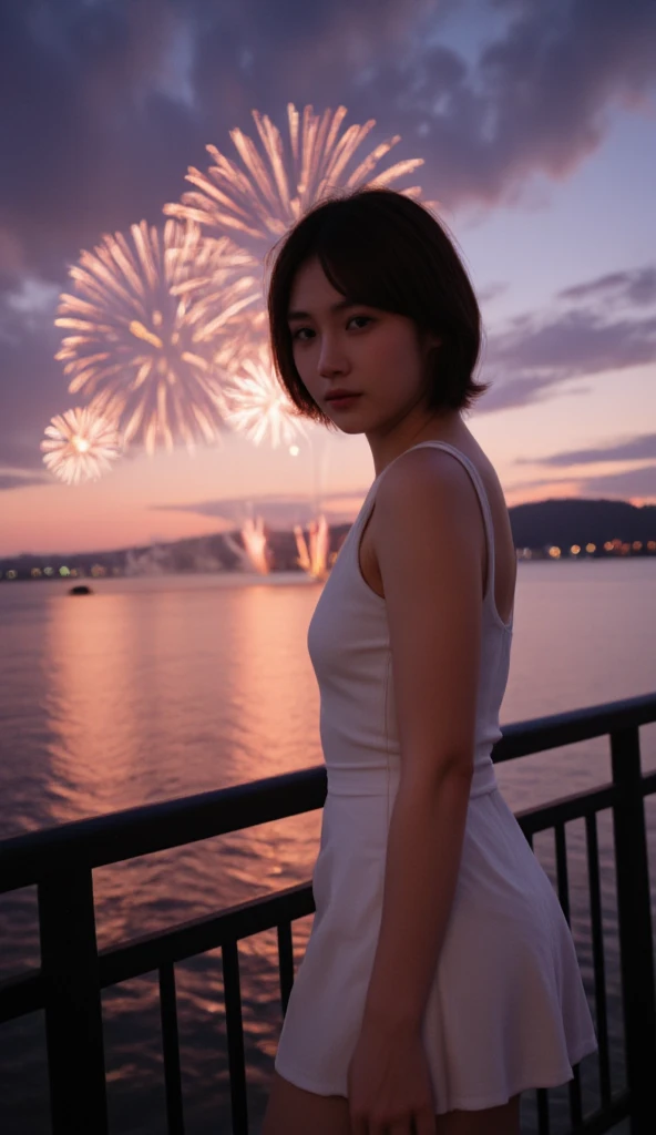 Photography of beautiful women with short brown hair age 18 years old, stand front of fireworks eyes on camera. women dressed in a white short skirt.
Has bokeh of firework in backgroud
The background features a serene body of water reflecting the vivid colors of the many fireworks, adding depth and beauty to the scene. The sky is painted with rich hues of purple, orange, and pink, transitioning from sunset to night, enhancing the magical atmosphere. A railing in the foreground frames the composition, while distant city lights and faint outlines of structures add context without distracting from the main focus. The overall mood is a mix of wonder, warmth, and joy, capturing the innocence and beauty of hood amidst a spectacular celebration.