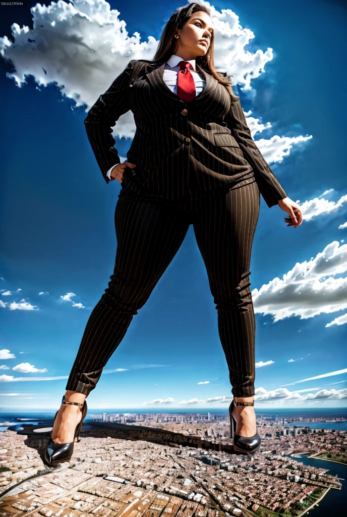 Looking down at the approaching young giga giantess, Giantess art, 500 miles tall giga giantess, young sophisticated and stylish woman in a navy blue italian pinstriped trouser 3-peice suit, form fitting crisp office shirt, and a large wide light blue necktie in a windsor knot, with a beautiful, curvaceous figure, large natural breasts, and long blonde hair, with a curvaceous figure and massive breasts. wearing blue rounded court high heels with uncovered feet and standing, rampage-like pose, with a city skyscrapers background of mega-city, skyscapers, partially obscured by a hazy, cloudy atmosphere. The image is a high-resolution, masterpiece-quality, cinematic, ultra-detailed, and hyper-photorealistic photograph, with perfect hands, face, and lighting. ultra-detailed, 8K, photo-realistic, hyper-realistic, masterpiece, intricate details, full body view. Looking at camera, The image is a high-resolution, masterpiece-quality, cinematic, ultra-detailed, and hyper-photorealistic photograph, with perfect hands, face, and lighting. ultra-detailed, 8K, photo-realistic, hyper-realistic, masterpiece, intricate details,