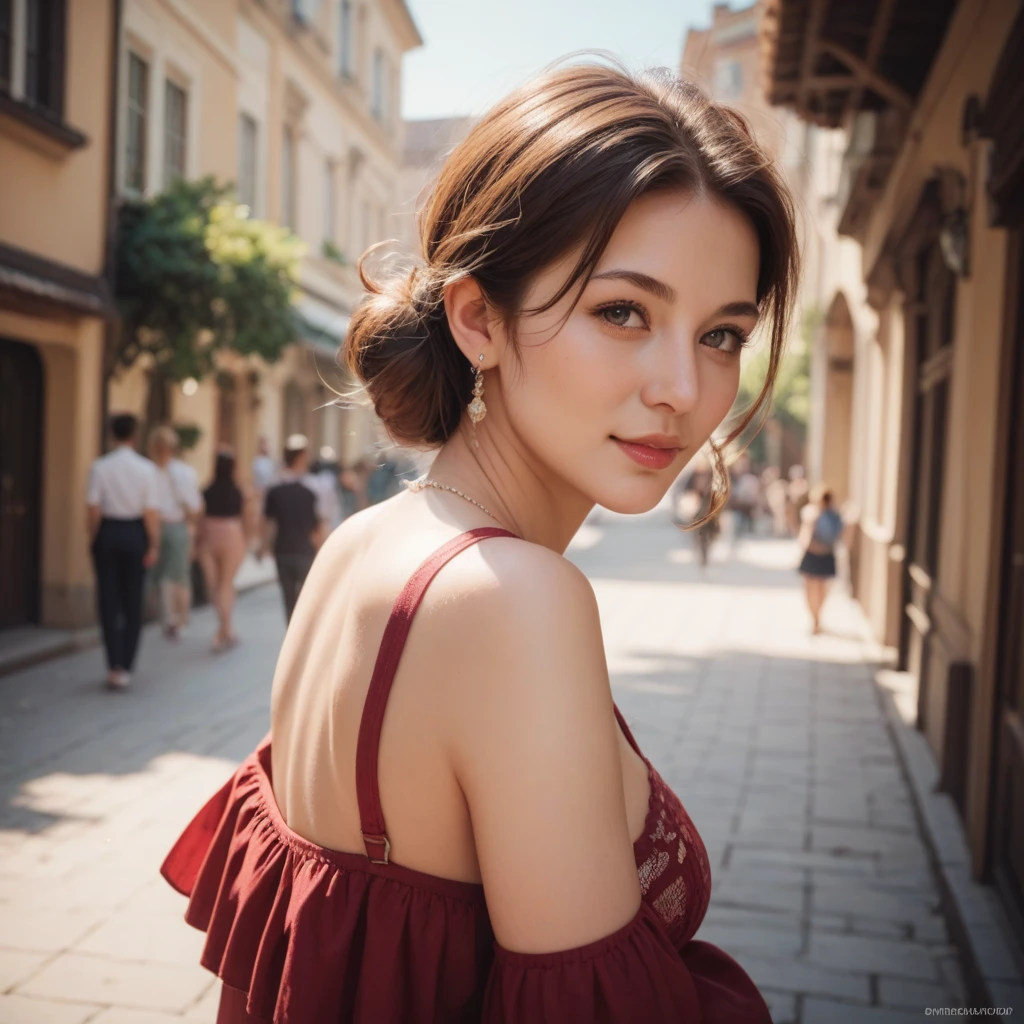 Indian model, wearing red saree, charming black hair, coffee in hand ((hair ends are blonde)), city street background, bokeh, HDR 4k, detailed
