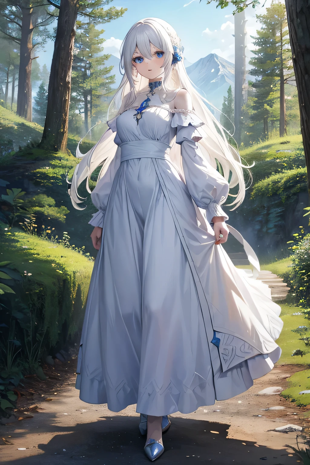 Animer girl perfect most beautiful long white hair blue eyes, white eyelashes, farm girl apothecaru, medieval fantasy world, living in the forest, walking in the mountais to collect ervs, feeling the wind in the hair, white skin, most beautiful, poporcelains skin, pinkish lips, delicate, most beautiful, forest, blue sky, sun rising, full body