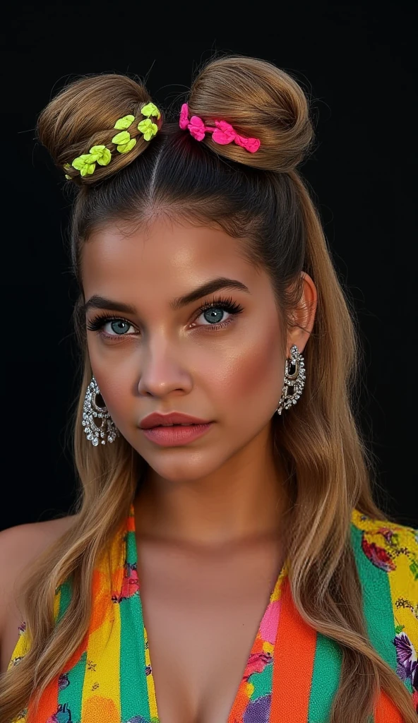 a beautiful Indonesian woman with a modern bohemian hairstyle featuring two messy buns and two fishtail braids, with blonde strands and dark roots, transitioning into colorful tight braids with intricate patterns and secured with small neon rubber bands, wearing a colorful dress , dynamic pose, dramatic background