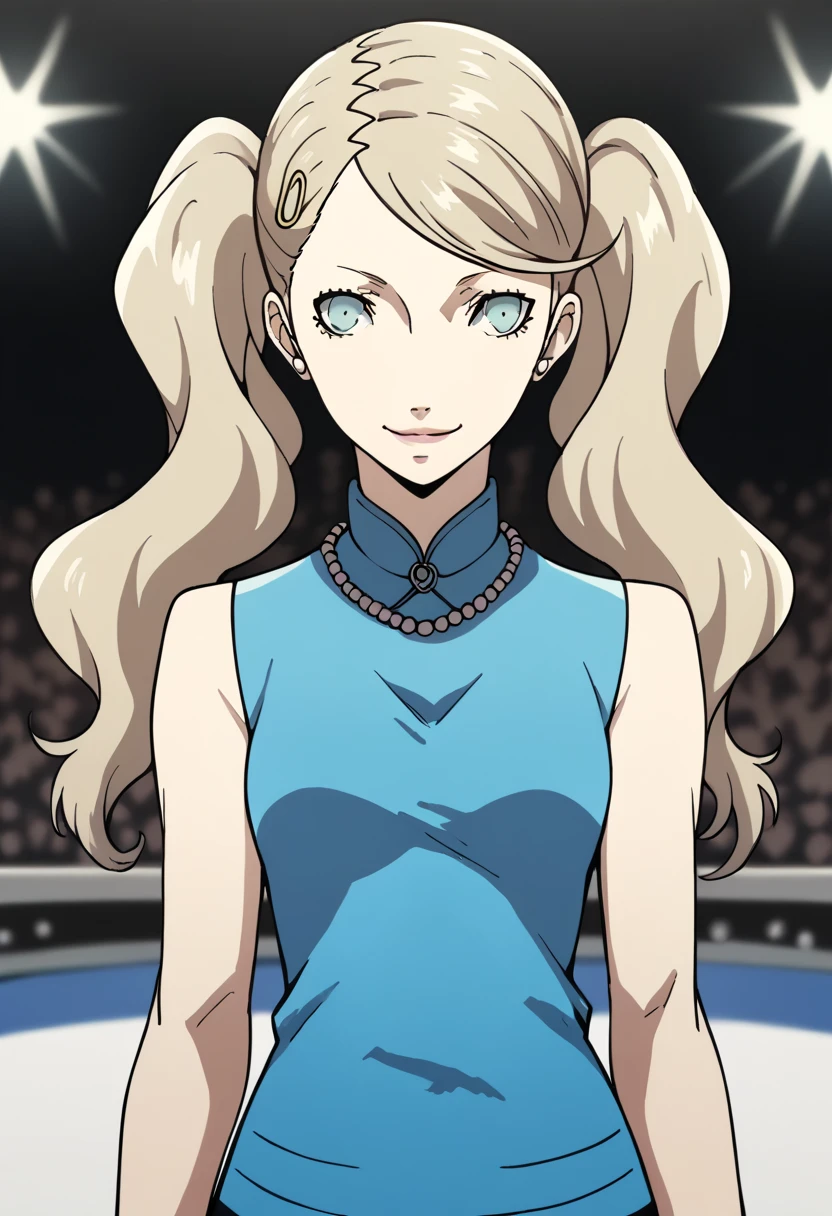 1girl, solo, Ann Takamaki, blonde hair, twintails, blue eyes, dress, sleeveless, necklace, smug, smile, cowboy shot, looking at viewer, runway, full body