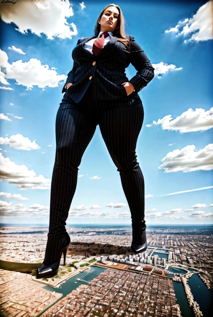 Looking down at the approaching young giga giantess, Giantess art, 500 miles tall giga giantess, young sophisticated and stylish woman in a navy blue italian pinstriped trouser 3-peice suit, form fitting crisp office shirt, and a large wide light blue necktie in a windsor knot, with a beautiful, curvaceous figure, large natural breasts, and long blonde hair, with a curvaceous figure and massive breasts. wearing blue rounded court high heels with uncovered feet and standing, rampage-like pose, with a city skyscrapers background of mega-city, skyscapers, partially obscured by a hazy, cloudy atmosphere. The image is a high-resolution, masterpiece-quality, cinematic, ultra-detailed, and hyper-photorealistic photograph, with perfect hands, face, and lighting. ultra-detailed, 8K, photo-realistic, hyper-realistic, masterpiece, intricate details, full body view. Looking at camera, The image is a high-resolution, masterpiece-quality, cinematic, ultra-detailed, and hyper-photorealistic photograph, with perfect hands, face, and lighting. ultra-detailed, 8K, photo-realistic, hyper-realistic, masterpiece, intricate details, from high above