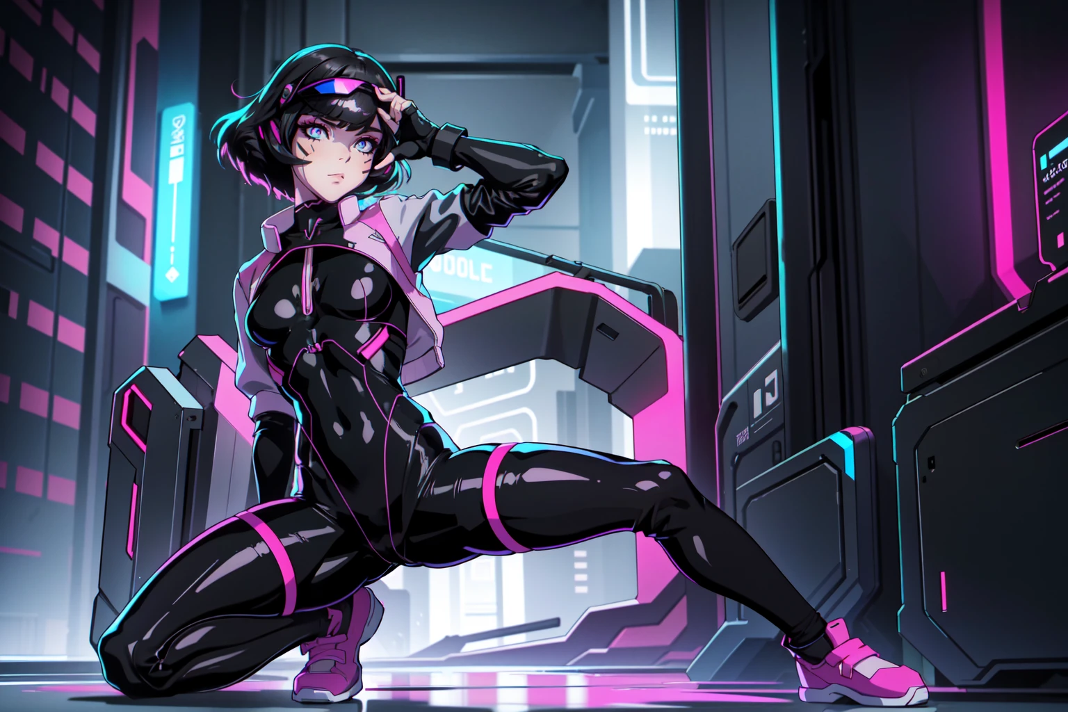 Create an illustration of Sasha from Cyberpunk: Edgerunners. She is a young netrunner with a slender and agile physique, reflecting her hacker lifestyle. Her hair is short, (black hair), messy, and brightly colored, often with neon highlights like electric blue or vibrant pink. Her (blue eyes) have a sharp, tech-enhanced glow, hinting at cybernetic implants. Sasha wears a sleek, tactical bodysuit designed for mobility and stealth, primarily in shades of black and dark gray, accented with neon lines that pulse softly with her netrunning activity. She also sports a high-tech visor or goggles over her eyes, loaded with digital HUD displays. Her gloves are fingerless, exposing cybernetic fingertips perfect for interfacing with technology. Completing her look are combat boots and a utility belt filled with small hacking tools and gadgets. The overall vibe is a mix of futuristic hacker aesthetic and street-smart edge, blending style and functionality. crawling on the floor, with pink shoes,