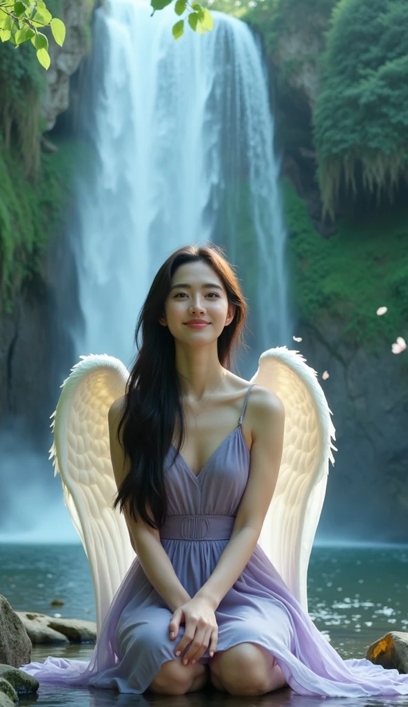 A serene scene unfolds: an Asian woman sits beneath a majestic waterfall, her angelic wings subtly glistening in the soft sunlight. Her long hair cascades down her back like a gentle stream, as a light purple pastel dress hugs her figure. Blue eyes sparkle with warmth, and a radiant smile illuminates her face. Amidst the lush forest, flying leaves and petals dance around her, suspended in mid-air like tiny ballerinas. The 8K DSLR photo style renders every detail photo realistically as if the viewer has stepped into this idyllic cinematic world.