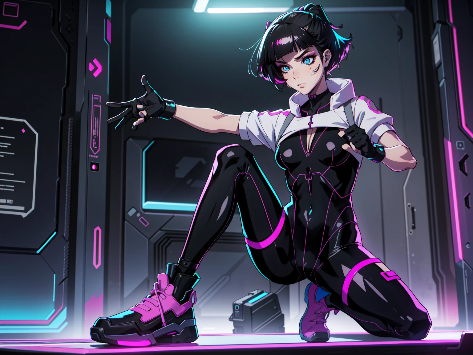 Create an illustration of Sasha from Cyberpunk: Edgerunners. She is a young netrunner with a slender and agile physique, reflecting her hacker lifestyle. Her hair is short, (black hair), messy, and brightly colored, often with neon highlights like electric blue or vibrant pink. Her (blue eyes) have a sharp, tech-enhanced glow, hinting at cybernetic implants. Sasha wears a sleek, tactical bodysuit designed for mobility and stealth, primarily in shades of black and dark gray, accented with neon lines that pulse softly with her netrunning activity. She also sports a high-tech visor or goggles over her eyes, loaded with digital HUD displays. Her gloves are fingerless, exposing cybernetic fingertips perfect for interfacing with technology. Completing her look are combat boots and a utility belt filled with small hacking tools and gadgets. The overall vibe is a mix of futuristic hacker aesthetic and street-smart edge, blending style and functionality. sitting on the floor, with pink shoes,