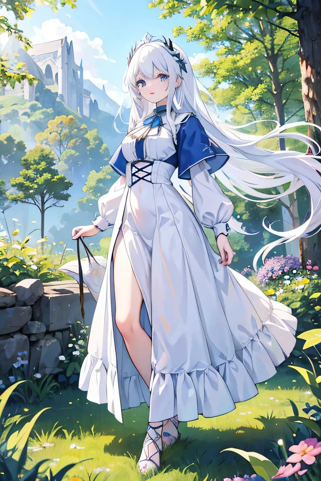 Animer girl perfect most beautiful long white hair blue eyes, white eyelashes, farm girl apothecaru, medieval fantasy world, living in the forest, walking in the mountais to collect ervs, feeling the wind in the hair, white skin, most beautiful, poporcelains skin, pinkish lips, delicate, most beautiful, forest, blue sky, sun rising, full body