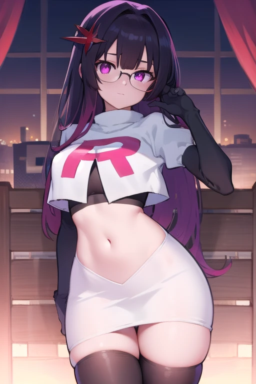 (Masterpiece), Best Quality, ultra-detailed, 1girl (jessie pokemon, Big and pretty breasts, , purple hair, hair slicked back, long hair,,blue eyes, half-closed eyes, spectacles), a come-hither face, parted lips,facing viewer, looking at viewer, nose blush, blush, solo, business suits, white shirts, open shirts, undress,nipples, bare shoulders, black pleats skirt, ultra mini skirt, brown pantyhose, in the livingroom, night time, on the sofa, sitting, one leg up, hands up, Sexy waist teasing, undressing, top view