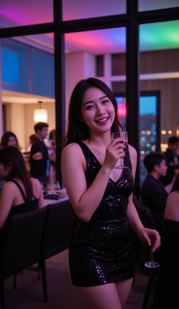 A young korean woman in a sexy, deep-neckline black sequin dress, standing in the vibrant atmosphere of an indoor rooftop party. The room is dimly lit, with colorful ambient lights creating a lively and glamorous setting. She is caught in a candid moment, laughing brightly at the camera while holding a glass of red wine. The photo is taken with a flash, highlighting the shimmering sequins of her dress and casting dramatic, sharp shadows around her. The background features blurred figures of partygoers, modern decor, and a hint of city lights visible through the glass windows, capturing the energy and elegance of the night.