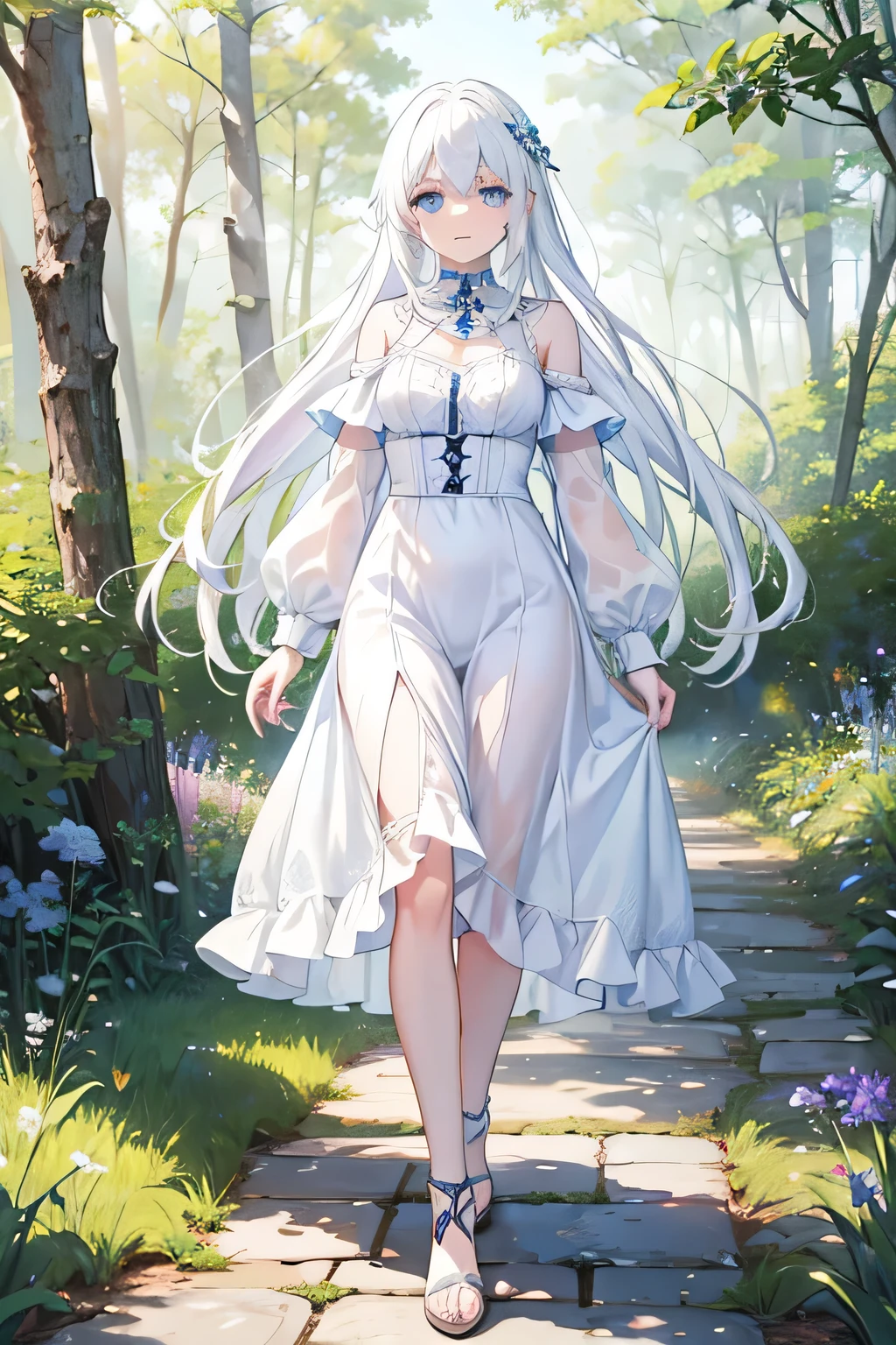 Animer girl perfect most beautiful long white hair blue eyes, white eyelashes, farm girl apothecaru, medieval fantasy world, living in the forest, walking in the mountais to collect ervs, feeling the wind in the hair, white skin, most beautiful, poporcelains skin, pinkish lips, delicate, most beautiful, forest, blue sky, sun rising, full body