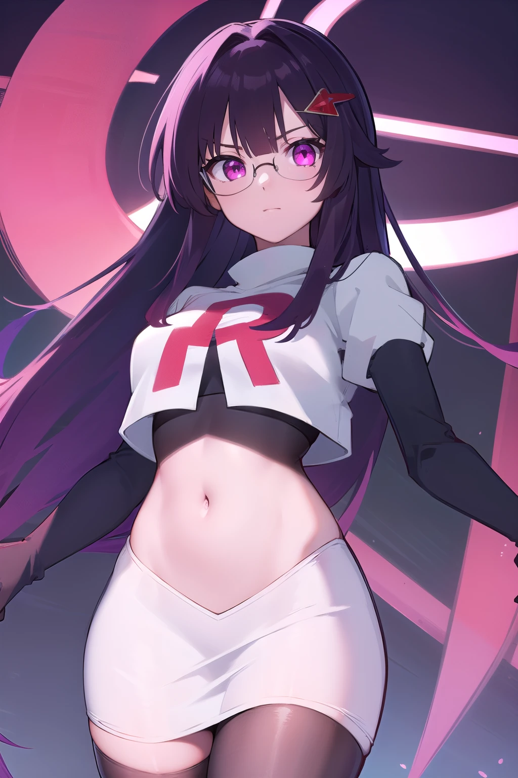 honkaisparkle, black hair, colored inner hair, glasses, hair intakes, hair ornament, hairclip, long hair, multicolored hair, (pink eyes:1.3), purple hair, straight hair,
BREAK glasses, team rocket,team rocket uniform,white skirt,red letter R,crop top,black thigh-highs,black elbow gloves,
BREAK looking at viewer, cowboy shot,
BREAK (masterpiece:1.2), best quality, high resolution, unity 8k wallpaper, (illustration:0.8), (beautiful detailed eyes:1.6), extremely detailed face, perfect lighting, extremely detailed CG, (perfect hands, perfect anatomy),