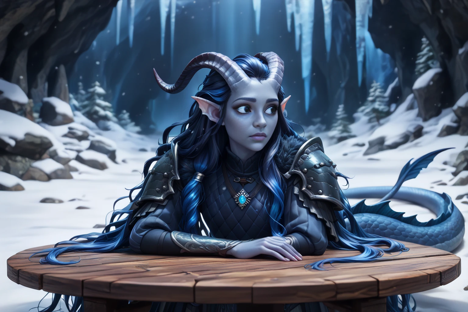 (A snow-covered cedar ,  the winter cedar forest against the background of ), (1Тiefling ,  dark blue-gray skin :1.5), ( very thick long tiefling dragon tail :1.5), ( long black flowing hair with dark blue tips:1.4), ( the bright blue-black pigmentation on the face :1.5), (blue-black freckles :1.2) , ( 2little fins on their heads :1.4), (bright blue-black pupils,  Black eyes :1.7), ( blue-black pigmentation on the skin :1.5), ( dark grey straight short horns ), ( blue and black pigmentation on the tail :1.5),  girl  , (kind face), (на лице эмоции от coldа), (coldно:1.2), [curiosity ], (35 years old:1.5), (adult:1.2), (Deep look:1.3), (запорошена в  snow у:1.1) , (покрыта  snow ом), (ежится от coldа:1.1) , ( frost on eyelashes :1.1), ( fur collar armor), (белый  snow  на голове:1.2), ( fur armor ), ( snow  на рогах и на голове:1.2), (chainmail), (you can see pigmentation on his shoulder ), (tail protection), (трясётся от coldа:1.1), [ snowy winter ], (visible in full), (in a snowy, very dark cave in the distance, there is a large rectangular stone table:1.6), (stone and wooden figurines of various animals lie on a large rectangular stone table:1.7), (standing in front of the table with his hands behind his back :1.4), (large crushed uneven stone table ), (очень coldно), (dark:1.2), (blizzard,  snow , cold) , ( is standing with your back:1.2), ( looks expectantly over his shoulder :1.6), ( top quality ), ( masterpiece fails), ( highest detail),  fantasy background, blue tones, Dark tones, dark shades,  muted colors, [Night], (a dark scary cave in the background:1.3), в пещере очень coldно.