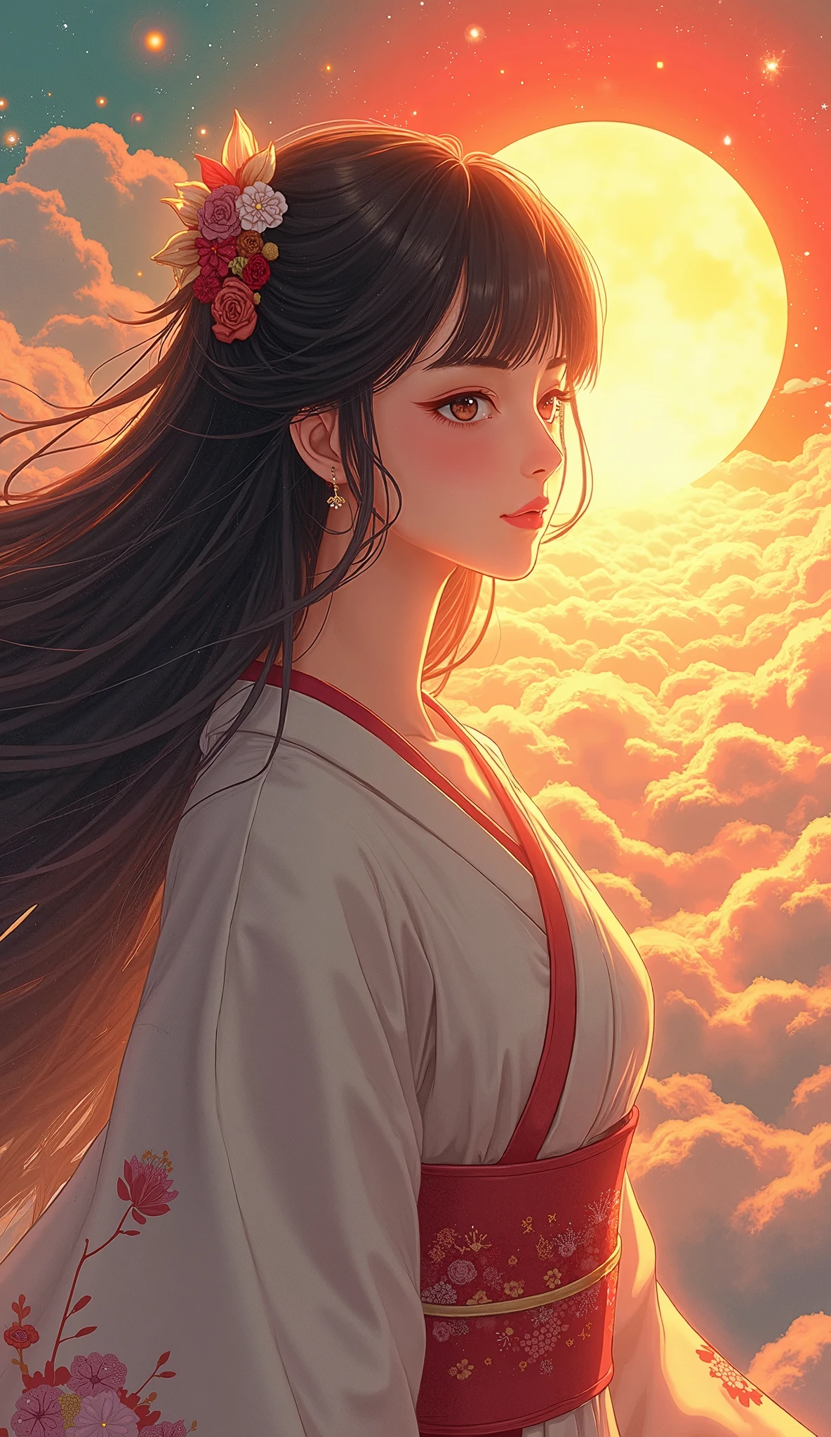  beautiful goddess Amaterasu, whole body, Japan's highest goddess ,  A gentle face,  beautiful dark hair, Takamagahara prayer, Vivid Rainbow Clouds ,  high image quality, masterpiece,  animation art, 