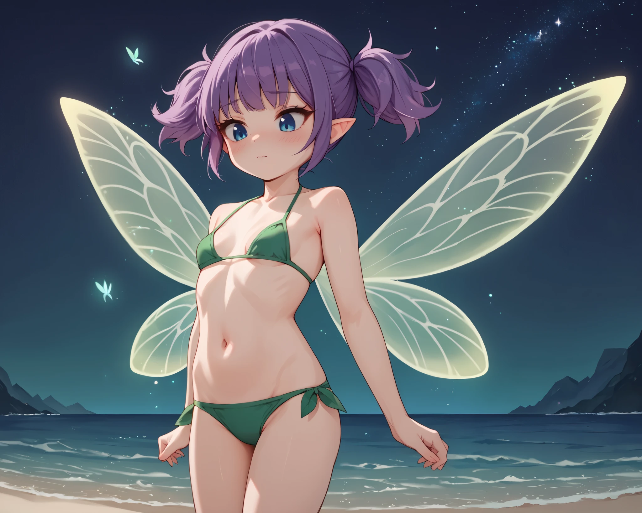 score_9_up, score_8_up, score_7_up, 1girl, solo, source_anime, fairy, FairyForm, Fairy Wings, Wings BREAK
Short twintails, fairy wings, bangs, small breasts, purple hair, blue eyes BREAK
Green bikini, navel BREAK
Closed mouth, blush face, looking down, standing, between legs, outdoors, ocean, night sky, starry sky BREAK