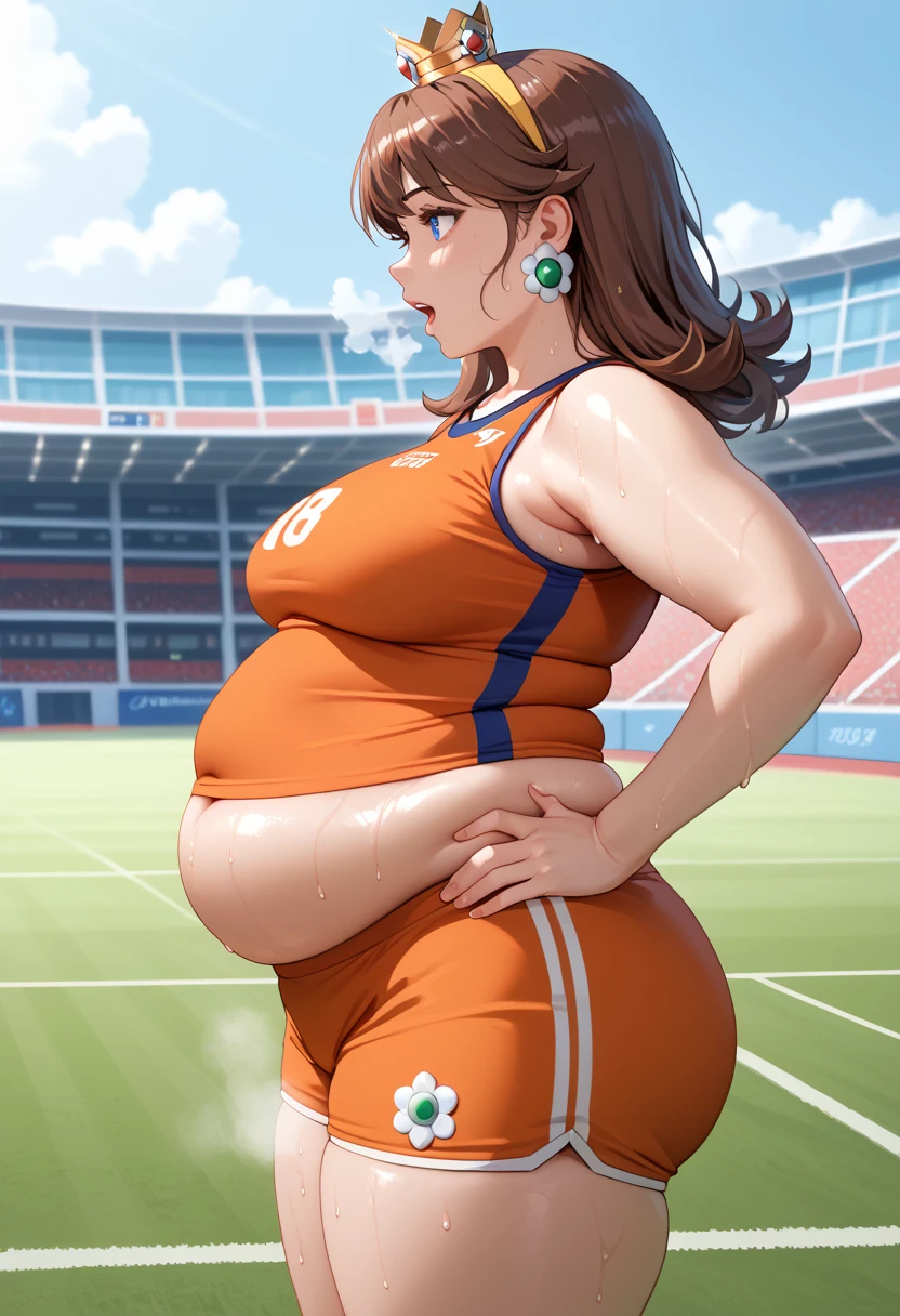 Daisy,brown hair,blue eyes,long hair,flower earrings,small crown, number 8 soccer uniform, orange tanktop, orange shorts, midriff, number 8, standing, sweaty, exhausted, hand on hips, soccer field, science fiction, outdoors, (insanely detailed, masterpiece, best quality), sweating profusely, exhausted, breathing, open mouth, steam coming out of her mouth, tight red gym shorts, tight red gym tank top, hands on hips, dripping sweat, dripplits of sweat on the floor, puddle of sweat, thick, obese, soft belly, chubby, wide hips, sexy hips, half body, big belly, thicc thighs, side view,  out of breath, short hair, neck length hair