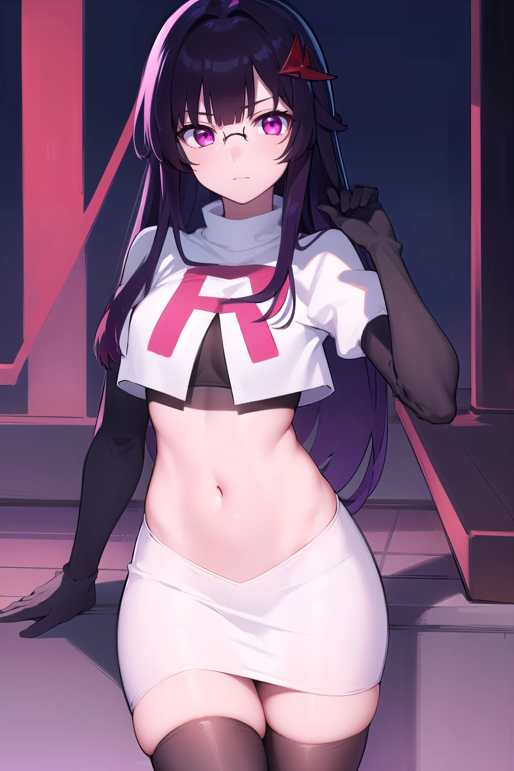 bocchipasan, pasan, black hair, blunt bangs, blunt ends, chin piercing, colored inner hair, ear piercing, (grey eyes:1.2), hime cut, long hair, medium bangs, multicolored hair, piercing, purple hair,
BREAK team rocket,team rocket uniform,white skirt,red letter R,crop top,black thigh-highs,black elbow gloves,
BREAK looking at viewer,
BREAK (masterpiece:1.2), best quality, high resolution, unity 8k wallpaper, (illustration:0.8), (beautiful detailed eyes:1.6), extremely detailed face, perfect lighting, extremely detailed CG, (perfect hands, perfect anatomy),