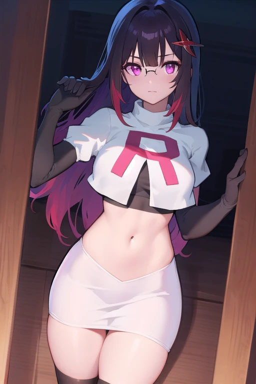 1girl, bangs, blunt_bangs, breasts, eyebrows_visible_through_hair, gloves, long_hair, looking_at_viewer, medium_breasts, purple_eyes, purple_hair, solo, very_long_hair, team rocket,team rocket uniform,white skirt,red letter R,crop top,black thigh-highs,black elbow gloves