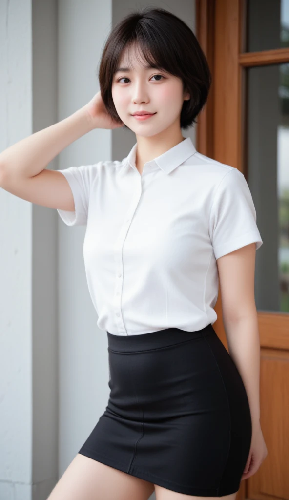 
nisit, 1girl, a young Thai woman, likely in her teens or early twenties, with short, dark brown hair. She's wearing a crisp, white, short-sleeved button-up shirt, suggestive of a uniform or school attire. Underneath, she wears a black, mini skirt, likely made of a smooth, slightly stretchy fabric. Her expression is pleasant, almost playful, with a subtle smile. Her posture is relaxed yet engaging, with one hand gently touching her head, while the other arm is bent behind her. Her body language conveys a confident yet approachable demeanor. The background is a blurred, light gray and brown facade of a building. The wooden elements, likely doors or walls, are visible in the background. Soft daylight casts subtle shadows. The overall image presents a serene, youthful atmosphere, with a hint of formality due to the clothing suggestive of a student or uniform. The background is out-of-focus, emphasizing the subject. Natural light. Medium shot close-up, slightly from the backside. Casual yet elegant modern style. Portrait. Soft focus.