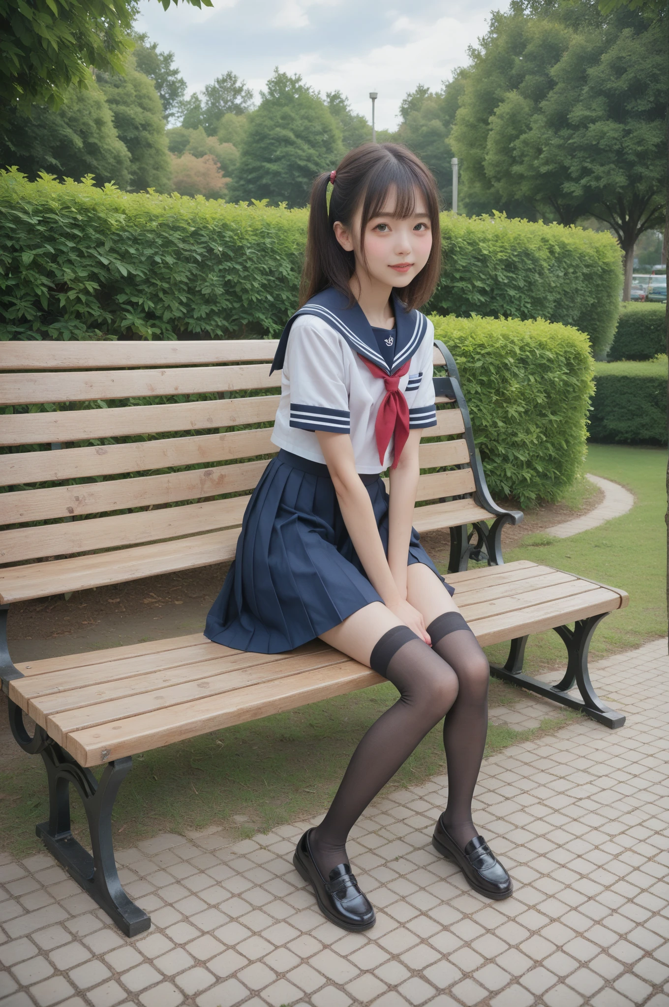   sailor suit ,***************************, cute girl,masterpiece,4K,8k,16k,  black stockings,  sit on a park bench , is short