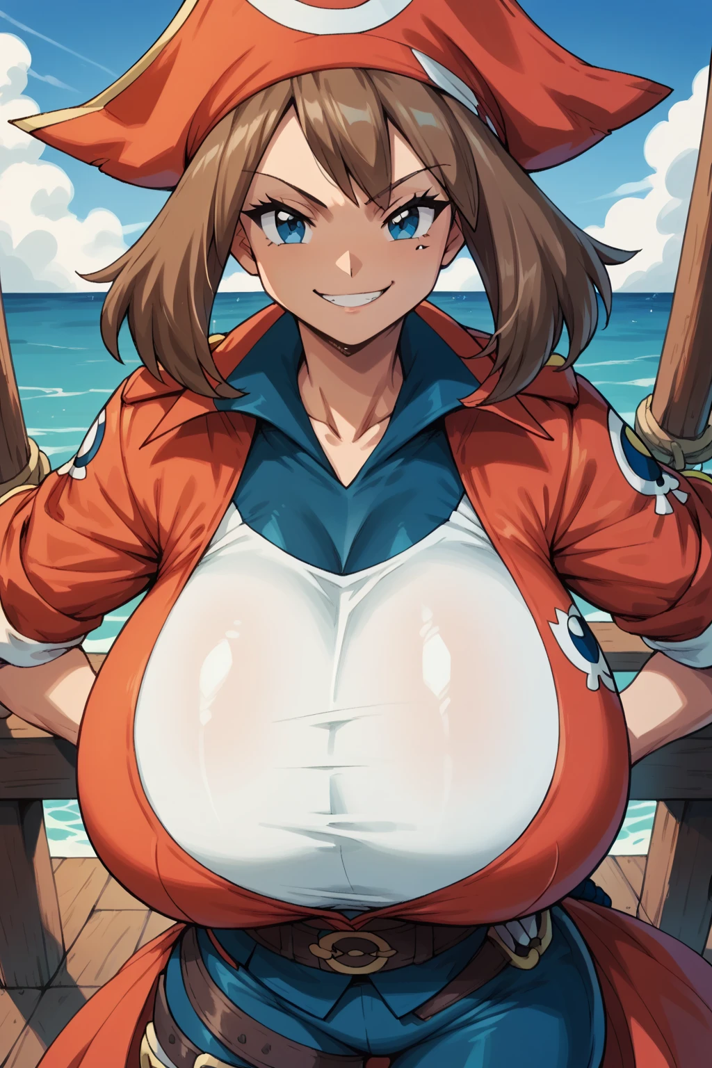 score_9, score_8_up, score_7_up, score_6_up, BREAK, pokemonmay, solo, blue eyes, brown hair, medium hair, 
(pirate outfit: 1.2),
torso, smug smile, (huge bust: 1.4), toned, muscles, hourglass body, 
