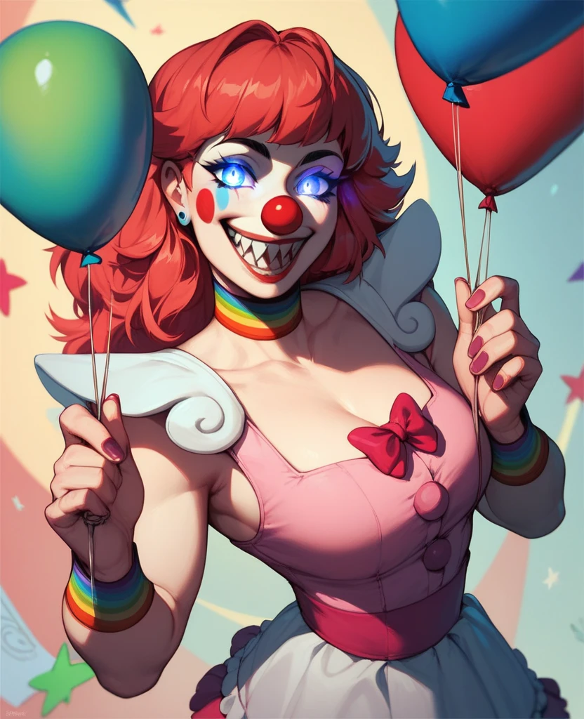 1 girl, (clown makeup), ((big red nose)), colorful dress, colorful hair, heterocromia, small breasts, fully clothed, smiling