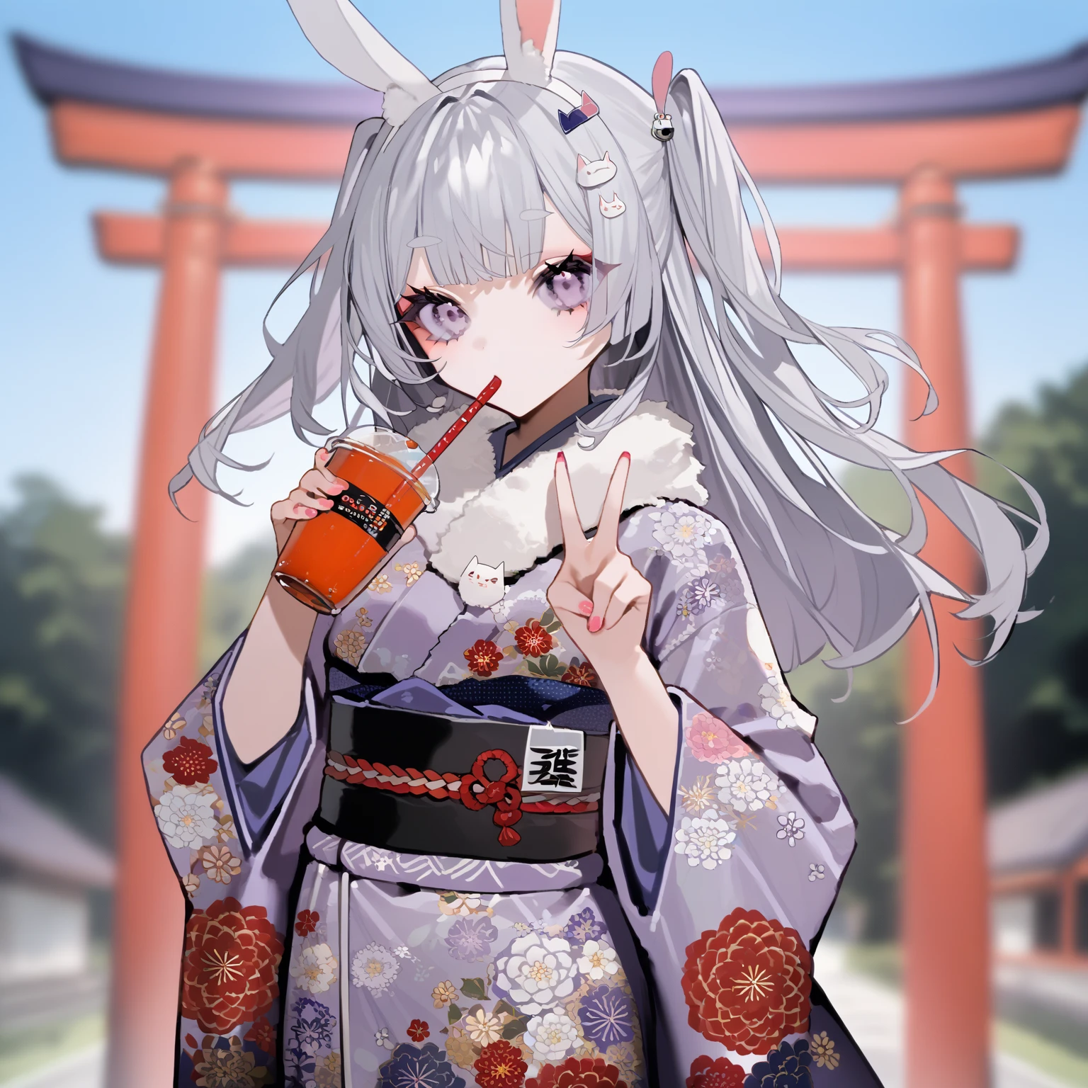 score_9, score_8_ up, score_7_ up,  top quality ,  Source_ANIME BREAK ,  BEBE style ,  1 girl,  kimono, v,  shining white silver hair , Light purple kimono , Light purple eyes, Cat ears hair accessory,  viewers, band, rabbit ears,  floral print , heart, holding c up,  fur-trimmed kimono with a straw in the mouth , disposable c up, torii,  wide sleeve, Blurred Background, Hair between the eyebrows,   white hair band , two side  up,  holding a drink , new year,  Long Sleeve , pink nails, print kimono,  nail polish ,  long hair, ファートリミングの着物, 