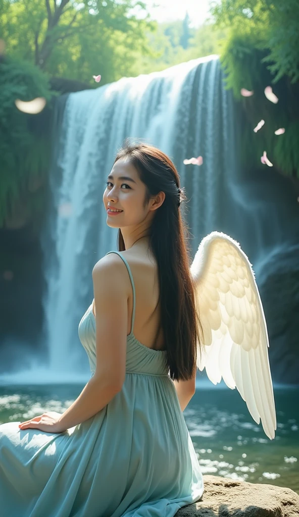 A serene scene unfolds: an Asian woman sits beneath a majestic waterfall, her angelic wings subtly glistening in the soft sunlight. Her long hair cascades down her back like a gentle stream, as a light blue pastel dress hugs her figure. Blue eyes sparkle with warmth, and a radiant smile illuminates her face. Amidst the lush forest, flying leaves and petals dance around her, suspended in mid-air like tiny ballerinas. The 8K DSLR photo style renders every detail photo realistically as if the viewer has stepped into this idyllic cinematic world.