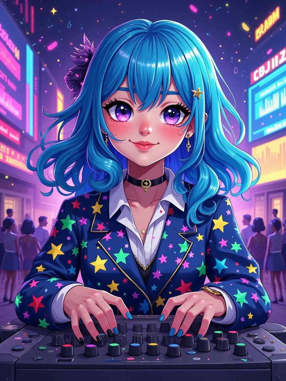 masterpiece,best quality,aesthetic,detailed face,subsurface scattering,bird view, wrenchsfantasy,fantasy,1girl,photo of a cute girl,light smile,charming,20yo,asymmetrical hair.Swaying hair,Electric blue hair,glowing,cloud,colorful starry,stars,broken, space style,style-swirlmagic,style-sylvamagic,rainbow-candy, legendary, outstanding, delicate, elegant, luxury, creative, beautiful classic contemporary fine cinematic composition, great expressive dynamic dramatic atmosphere, spectacular light, symmetry, detailed, rich colors, ambient background, inspiring, lovely grand lucid wonderful surreal perfect complex intricate color, stunning epic colossal imposing amazing singular fascinating massive