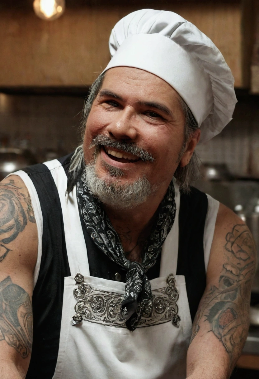 On the back of the restaurant .  In the kitchen, an old chef with the appearance of a rock musician .  Under the white Chef's jacket you can see a leather vest , , the cook's gray hair is tied in a biker fashion bandana. 
 The chef makes soup and listens to music from the speakers . 
The chef is in a great mood ,  laughs and sings along to the music .  The cook looks like a rock musician :  he has tattooed arms ,  goatee beard and long gray hair tied to a bandana with skulls.  The man is muscular and looks like a biker 