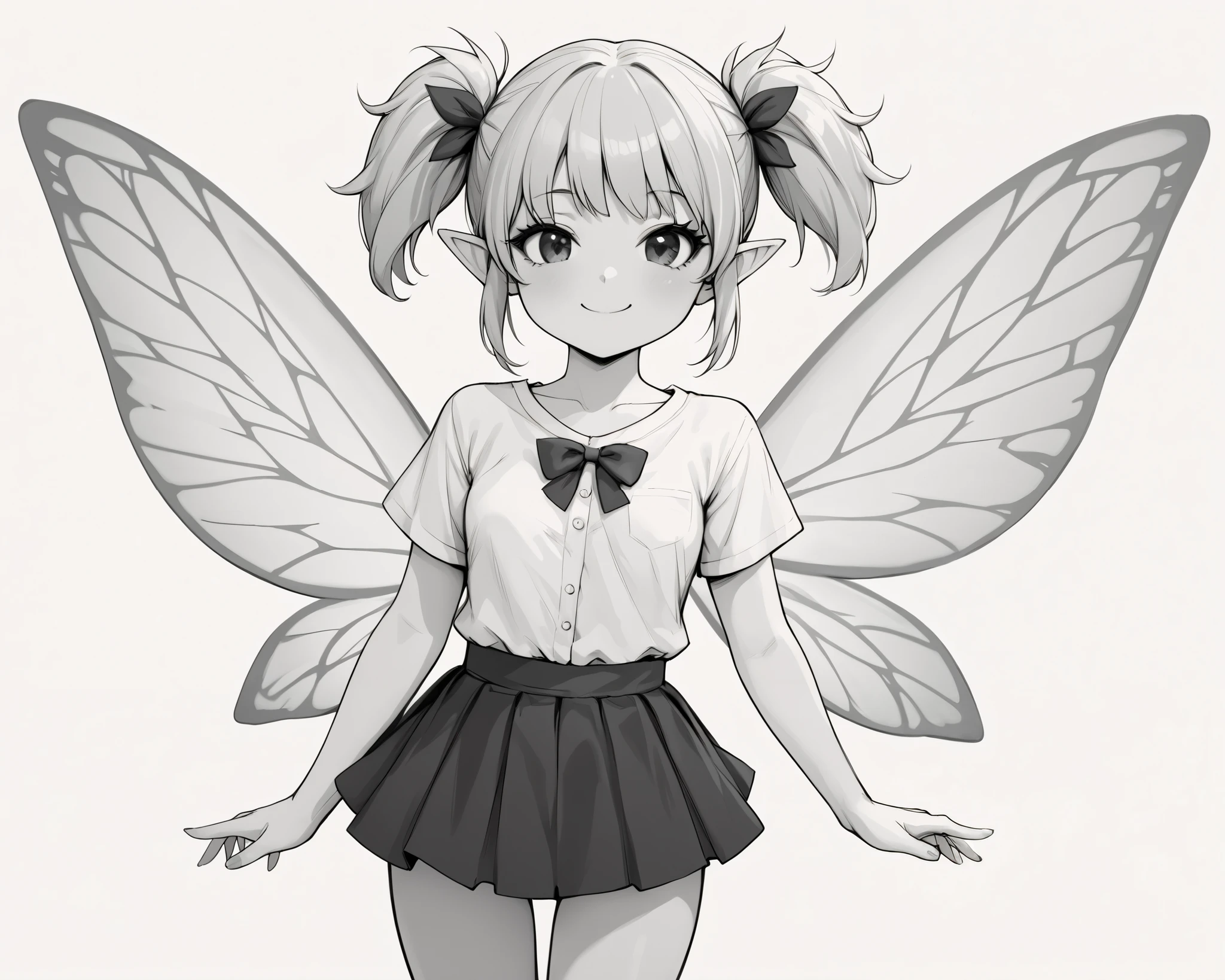 score_9_up, score_8_up, score_7_up, 1girl, solo, source_anime, fairy, FairyForm, Fairy Wings, Wings monochrome, lineart BREAK 

Short twintails, fairy wings, bangs, small breasts BREAK 

Shirt, short sleeves BREAK skirt BREAK 

Standing, happy face, smile, closed mouth, looking at viewer, facing viewer, front view BREAK 

White background, simple background BREAK, 