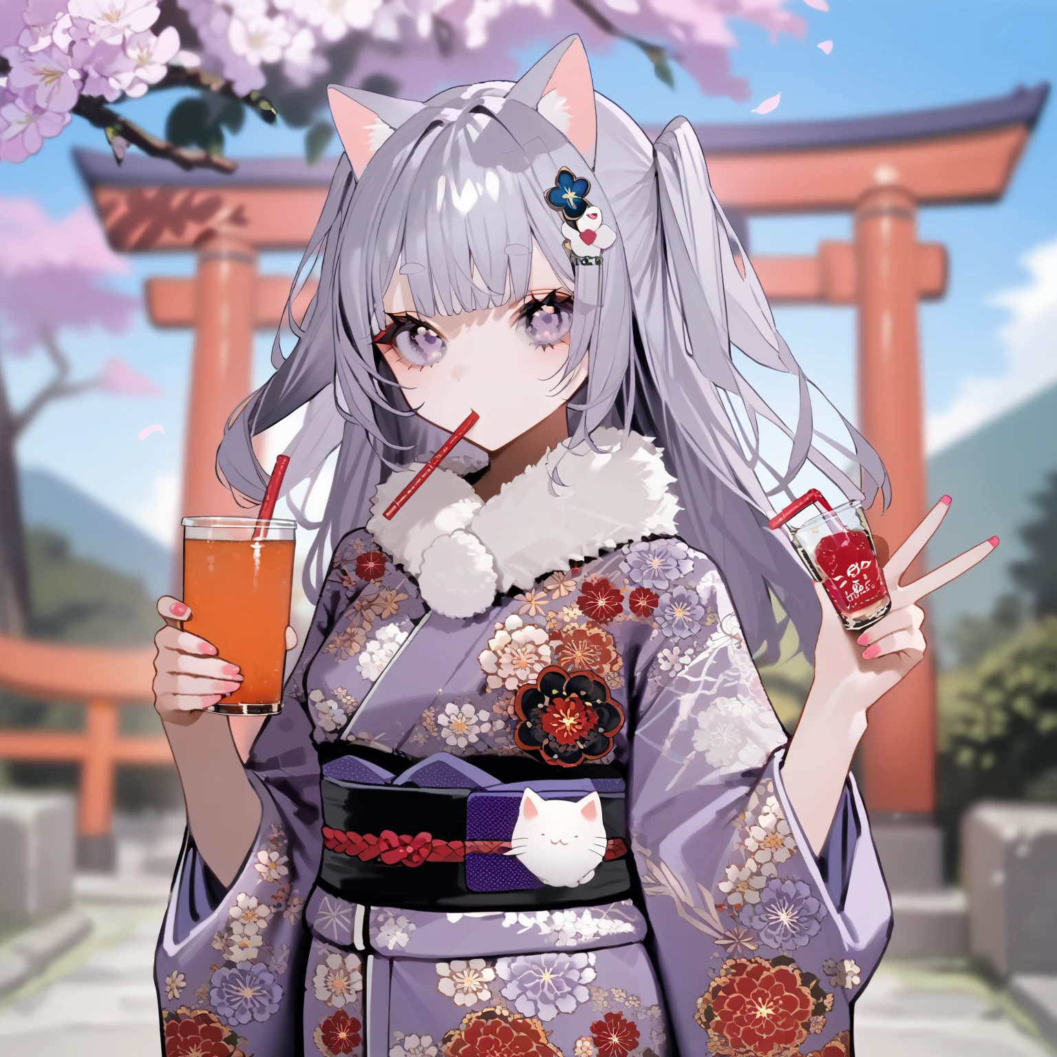 score_9, score_8_ up, score_7_ up,  top quality ,  Source_ANIME BREAK ,  BEBE style ,  1 girl,  kimono, v,  shining white silver hair , Light purple kimono , Light purple eyes, Cat ears,  viewers, band, rabbit ears,  floral print , heart, holding c up,  fur-trimmed kimono with a straw in the mouth , disposable c up, torii,  wide sleeve, Blurred Background, Hair between the eyebrows,  Light purple flower hair ornament , two side  up,  holding a drink , new year,  Long Sleeve , pink nails, print kimono,  nail polish ,  long hair,  fur-trimmed kimono, 