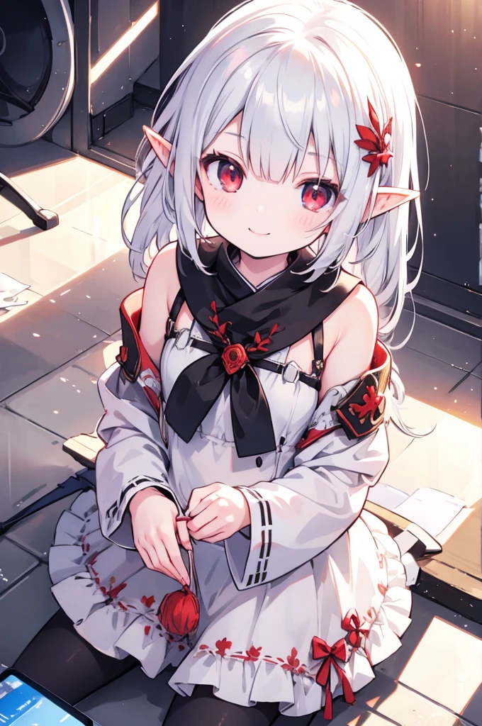 Girl Elf Lies Naked, Smiling Short, Silver Hair, Red Eyes