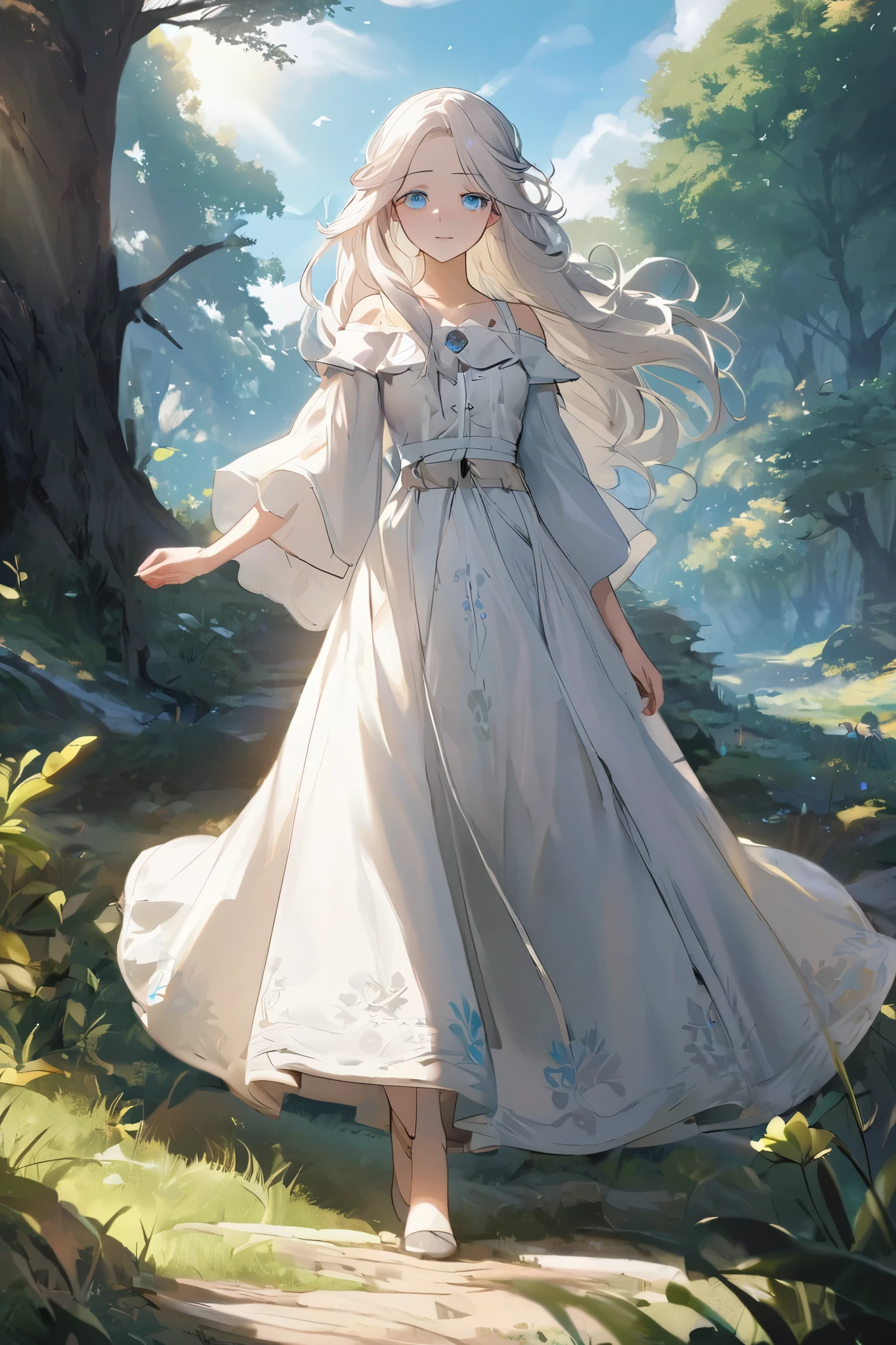 Animer girl perfect most beautiful long white hair blue eyes, white eyelashes, farm girl apothecaru, medieval fantasy world, living in the forest, walking in the mountais to collect ervs, feeling the wind in the hair, white skin, most beautiful, poporcelains skin, pinkish lips, delicate, most beautiful, forest, blue sky, sun rising, full body, perfect eyes, round eyes, sad eyes,