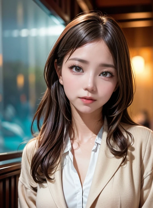 Best quality, 8k, ,Masterpiece :1.3)), facing viewer,((full body1.2)) ,pretty woman, wide shot ,1girl, , café,, , brown hair , bangs,ultra-detailed face, highly detailed lips, detailed eyes, double eyelid