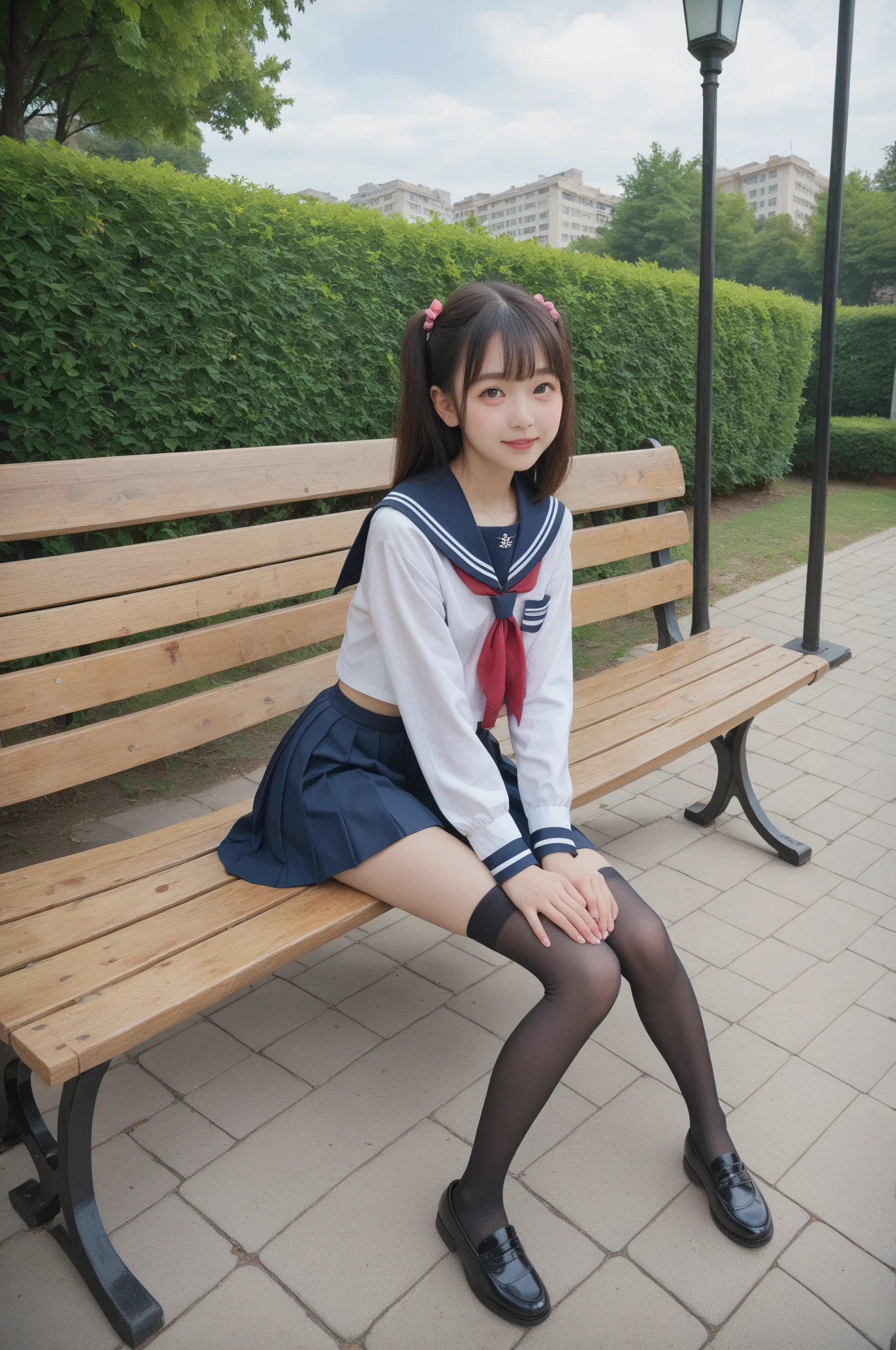   sailor suit ,***************************, cute girl,masterpiece,4K,8k,16k,  black stockings,  sit on a park bench , is short