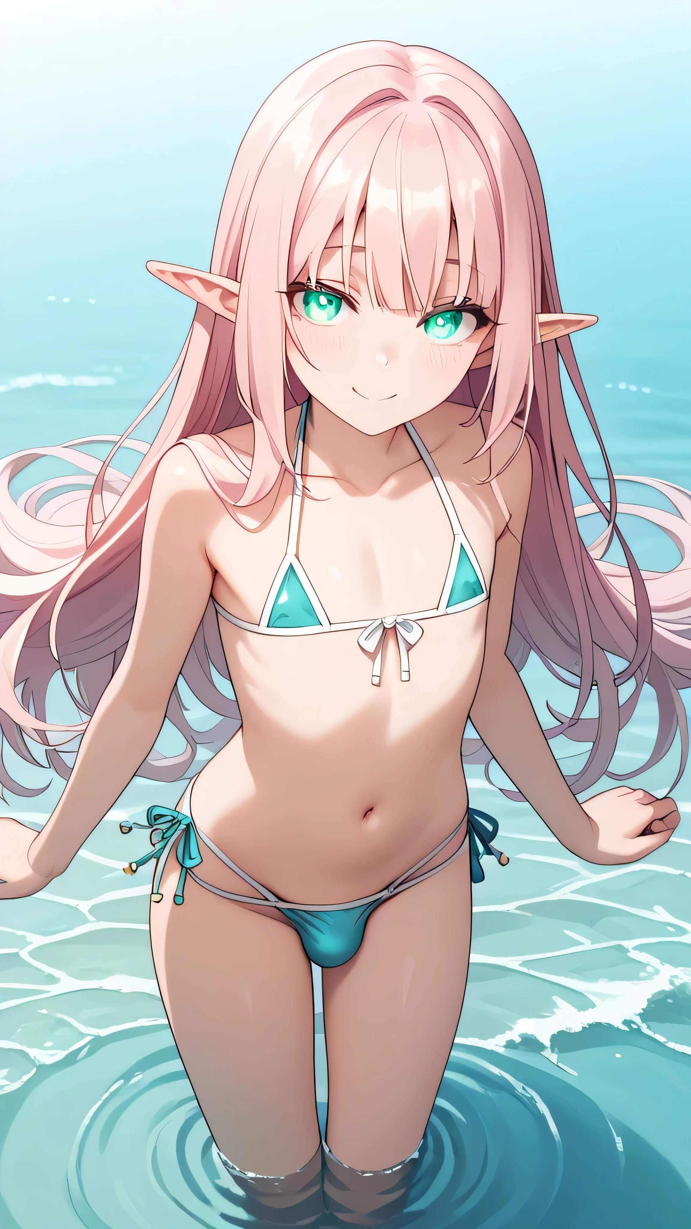 (((best quality))), (((masterpiece))), deep sea, elf, (((23 years old))), (((fake girl, otoko no ko, femboy))), (((light pink long hair, turquoise_eyes, flat chest))), crossdressing, bikini, focus navel, uncensored, fullbody, light smile