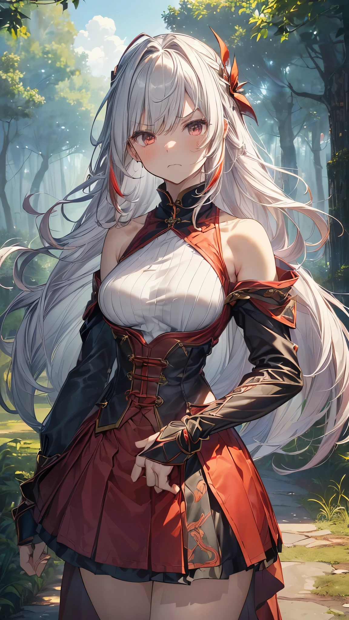slender, mature female,sword, weapon, breasts, rating:safe, fox_tail, tail, animal_ears, 1girl, petals, thighhighs, cleavage, gloves, long_hair, fox_ears, ponytail, hair_ornament, large_breasts, flower, open_mouth, looking_at_viewer, katana, bare_shoulders, holding, sheath, smile, cleavage_cutout, fox_girl, solo, fang, holding_weapon, multiple_tails, garter_straps, holding_sword, very_long_hair, wolf_tail, yellow_eyes, bangs, blue_hair, sheathed, sleeveless, hair_flower, animal_ear_fluff, black_legwear, standing, :d, wolf_girl, orange_eyes, black_dress, elbow_gloves, eyebrows_visible_through_hair, dress, thigh_boots, wolf_ears, boots, rose, thighs, sidelocks, multicolored_hair, black_gloves, hair_between_eyes, standing_on_one_leg, belt, brown_gloves, autumn_leaves, v-shaped_eyebrows, holding_sheath, sky, outdoors, orange_flower, ahoge, brown_legwear, blush, sleeveless_dress, high_ponytail, sleeveless_shirt, day, shiny, zettai_ryouiki