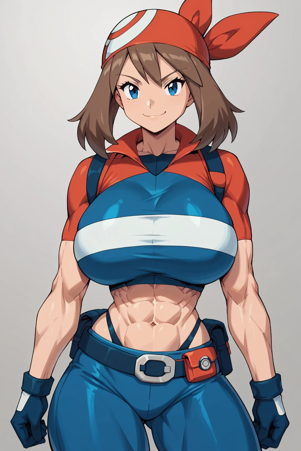 score_9, score_8_up, score_7_up, score_6_up, BREAK, pokemonmay, solo, blue eyes, brown hair, medium hair, 
(adventurer outfit: 1.2),
torso, smug smile, (huge bust: 1.4), toned, muscles, abs, hourglass body, 
